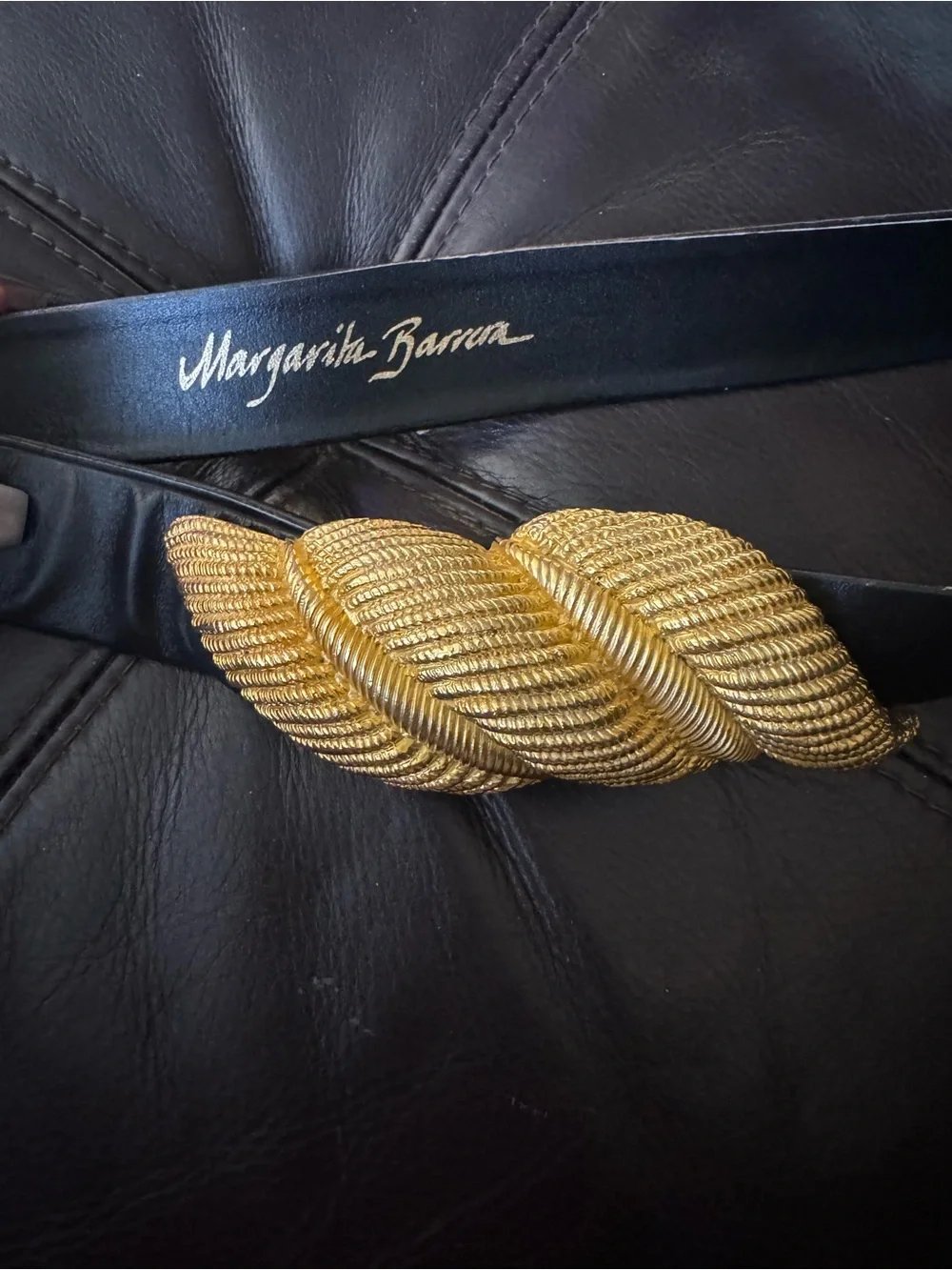 Black Leather Belt with Gold Leaf Buckle - Picture 2 of 5